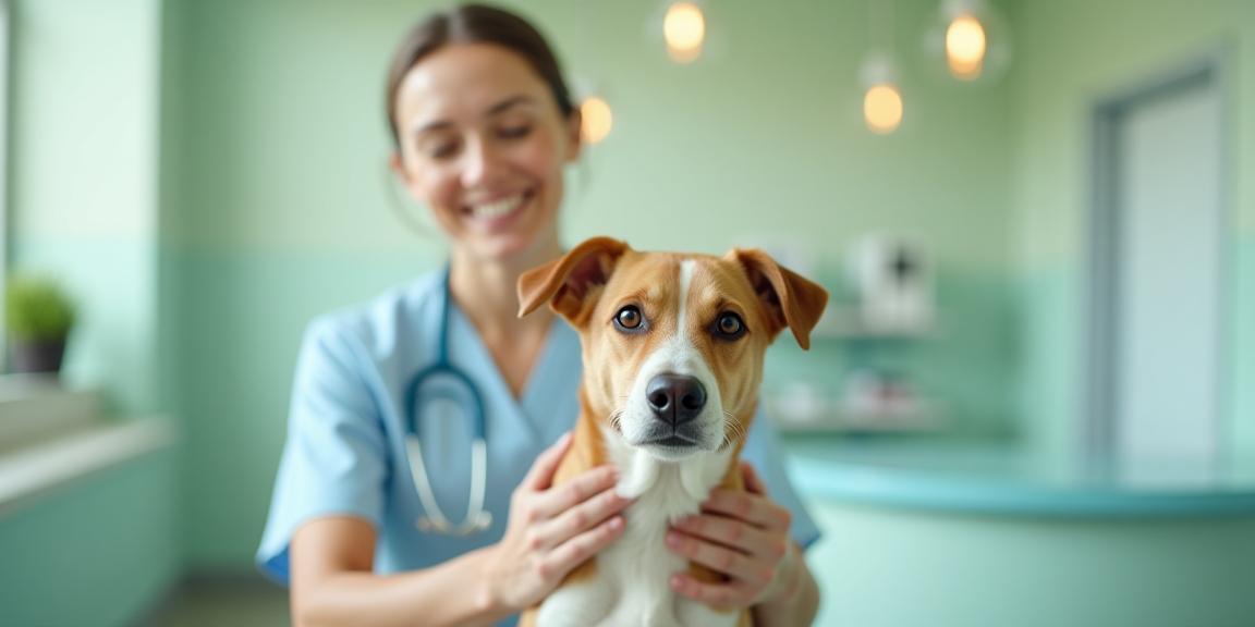 Vétérinaire souriante examinant un chien en bonne santé à la clinique